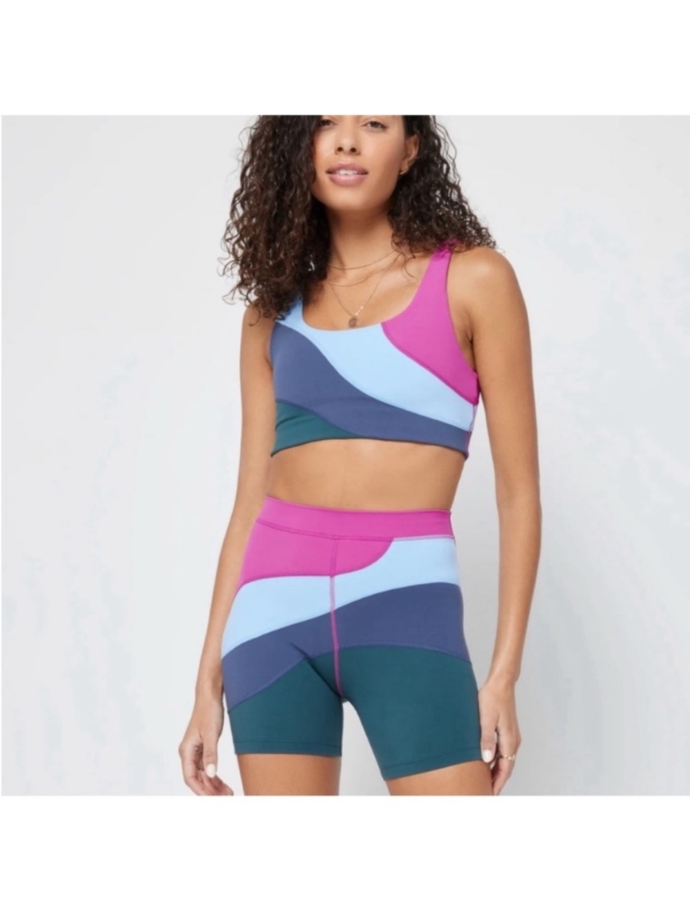 L*Space new heights Sports Bra bae berry/aura/slate and biker shorts size XS
